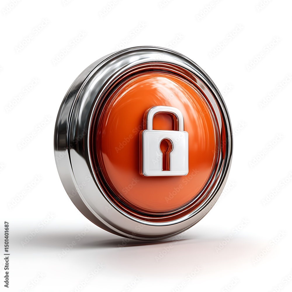 Poster 3d rendered security icon: orange button with padlock for digital safety and data protection on whit