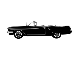 vintage abstract old school muscle car. Poster of a retro convertible car, 1950s style, clean silhouette, isolated, simple line art logo on white background
