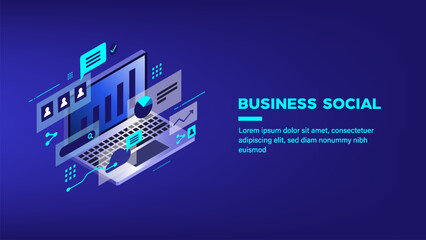 Isometric laptop with charts, graphs, user icons, and chat bubbles, symbolizing digital business analytics and social communication on dark blue background.