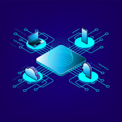 Isometric microchip with connected devices including laptop, cloud, smartphone, and user profile on digital circuit background.