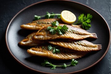 Fresh catch served with a squeeze of lemon on a black plate