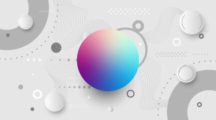 Colorful gradient sphere with abstract geometric elements and flowing lines on light gray background, modern minimal design.