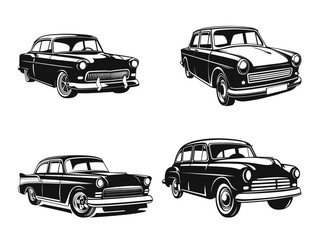 A set of vintage abstract old school muscle cars. Poster of a retro convertible car, 1950s style, clean silhouette, isolated, simple line art logo on white background