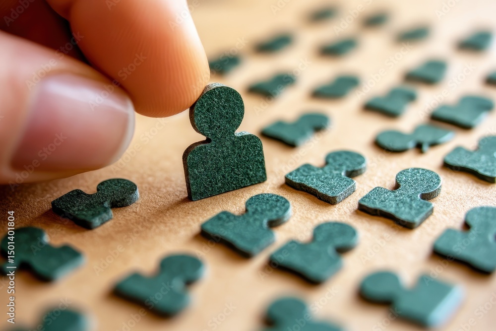 Poster focused hand selecting unique green human figure from array of identical dark green shapes represent