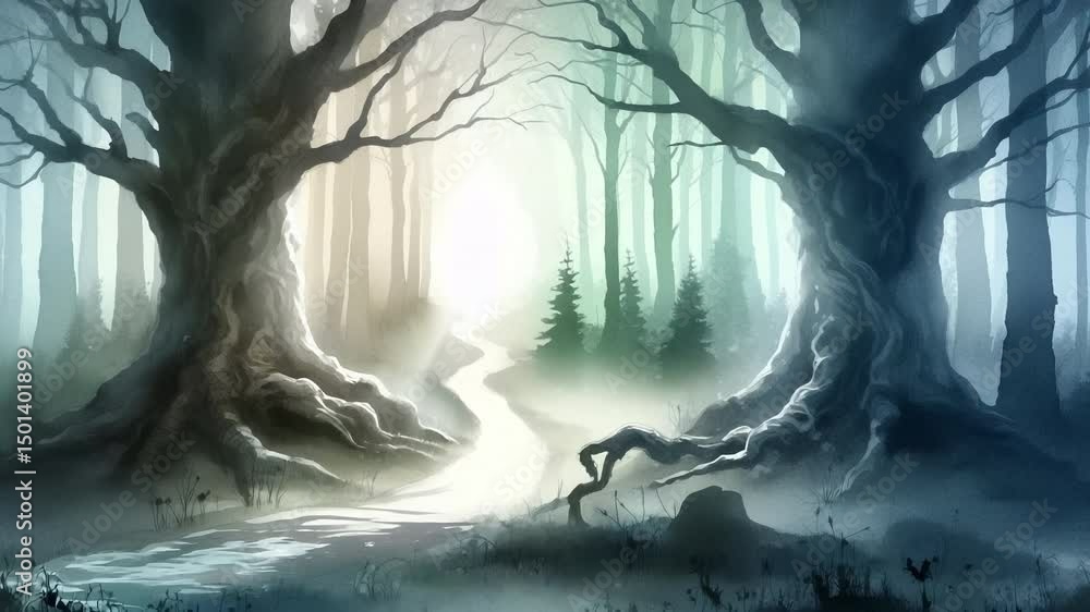 Poster minimalist watercolor illustration of enchanted forest pathway with mysterious light and ancient tre