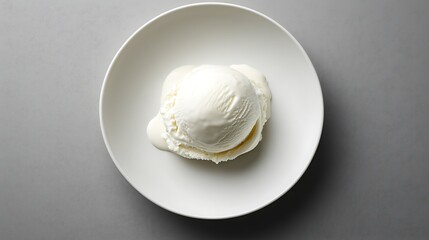 A scoop of vanilla ice cream on a white plate