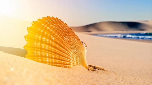 Close-up of an orange clam shell half buried in sand on a beach, with dunes and blue ocean water in the background in warm sunshine