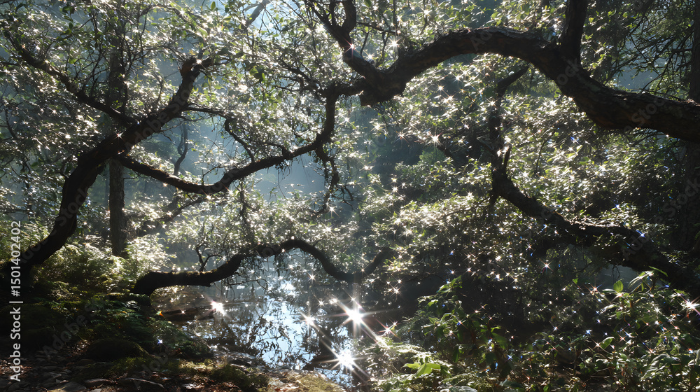 Aufkleber sun-dappled canopy: sunlight streams through the branches of an ancient tree, illuminating a scene o