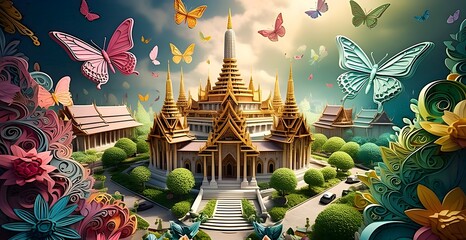 Grand Palace drone view in front of a colorful butterfly and the fresh garden in quilling paper style