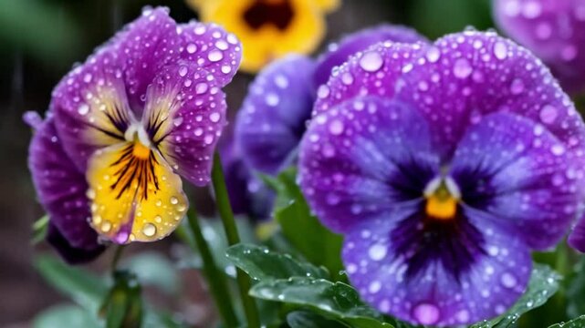 Purple and yellow pansy flowers with raindrops in a garden setting  