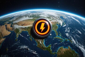 A close-up shot of a button featuring a lightning bolt design, suitable for use in technology, innovation or action-related contexts