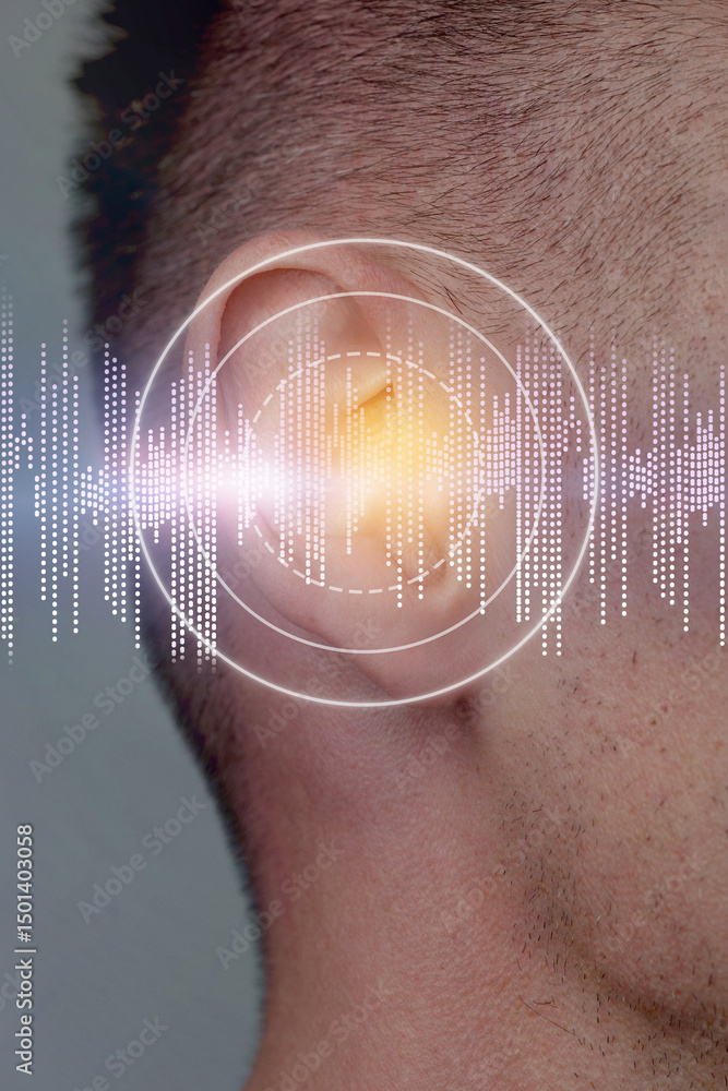 Poster conceptual representation of sound waves interacting with human hearing in a digital art setting