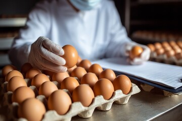 A worker wearing gloves carefully picks fresh eggs from the carton for quality check.