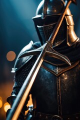 A close-up view of an armored warrior holding a sword, ready for battle