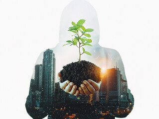 Double exposure of hands holding small green plant with cityscape background on white, symbolizing environmental sustainability, growth, and urban ecological Double exposure of hands holding small gre