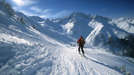 Skier poised on snowy slope, ready for descent, embodying focus and adventure.