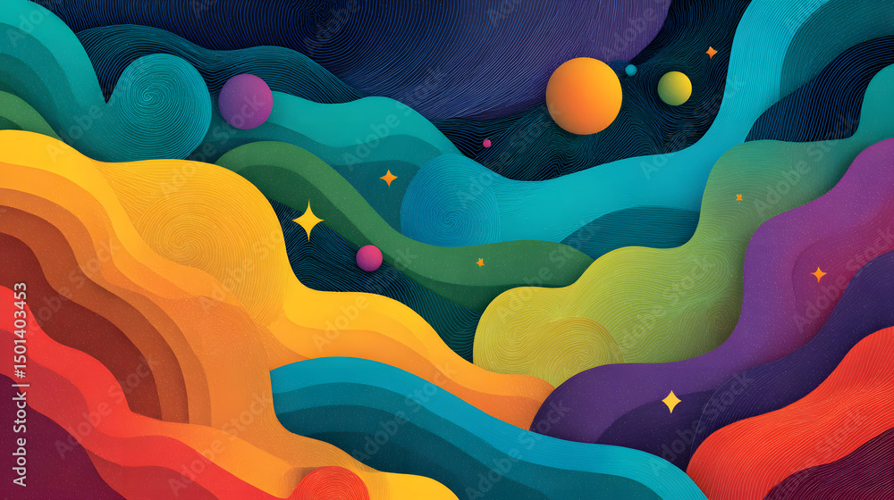 Poster celestial canvas: an abstract and vibrant composition where dynamic waves of color coalesce to creat