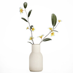 3D illustration Exotic bouquet of branches Plumeria frangipani in a vase isolated on white background