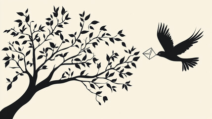 Vintage illustration of a tree with leaves and a bird flying, carrying a letter envelope. The color palette is black, grey, and white, with a high-contrast, isolated design on a solid background
