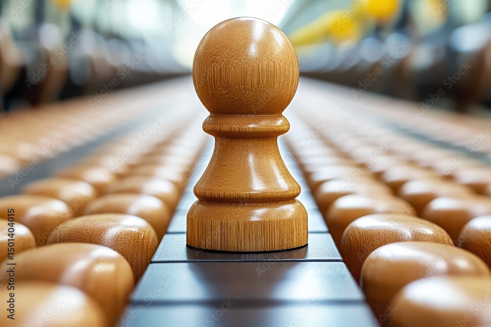 Poster close-up view of a wooden chess pawn on a board surrounded by other pieces in a soft focus backgroun