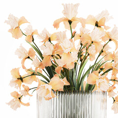 3D illustration Beautiful Bouquet In Glass Vase With Flowers Iris isolated on white background