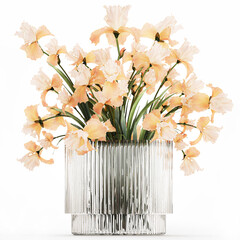 3D illustration Beautiful Bouquet In Glass Vase With Flowers Iris isolated on white background