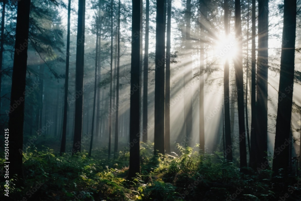 Wall mural sunlight filtering through tree branches in a dense forest