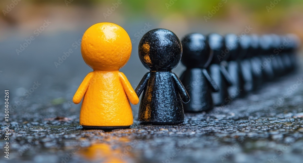 Poster colorful figures in contrast on a faded pathway showcases individuality and unity amidst a uniform b