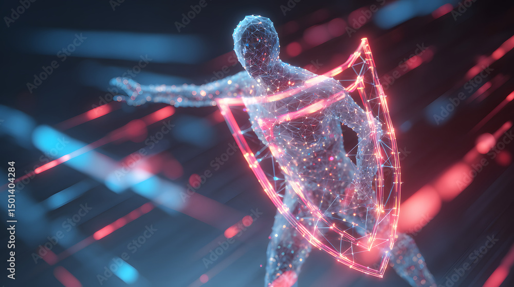 Poster digital guardian: a futuristic depiction of a person, constructed from a web of data and lines of co