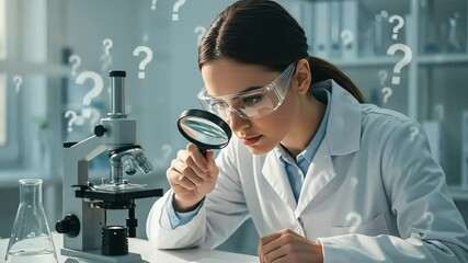 Scientific Inquiry: Woman Examining Sample Under Magnification with Floating Questions