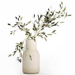 3D illustration Small Minimalistic Bouquet Vase Olive Branches isolated on white background