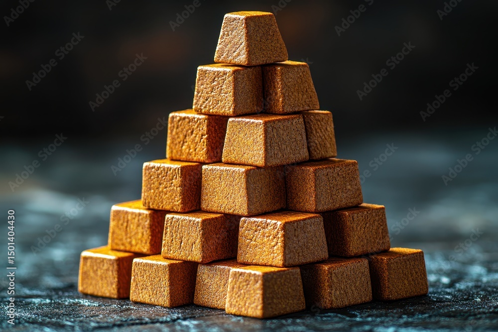 Poster stack of golden cubes arranged in a pyramid shape on dark background with high-contrast lighting and