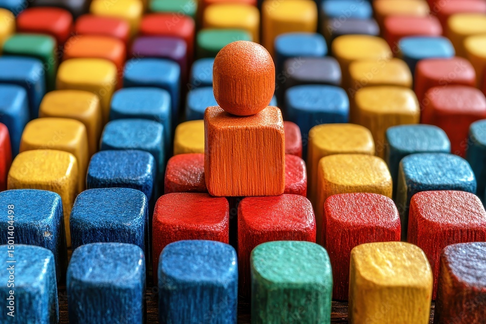 Poster colorful wooden blocks arranged in a pattern with a single standout piece highlighting individuality