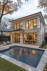 Modern home exterior with pool and patio area at dusk.