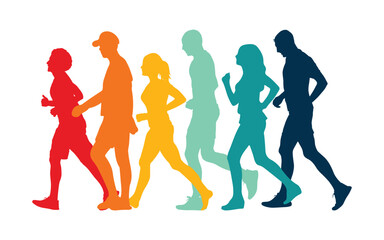 Walking marathon, people run, colorful poster. Vector illustration background silhouette