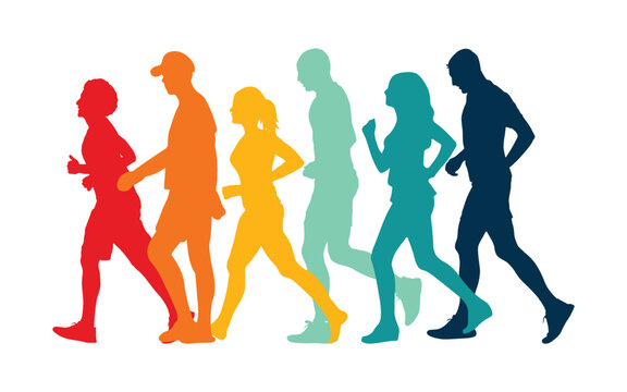Walking marathon, people run, colorful poster. Vector illustration background silhouette