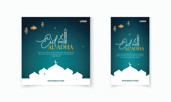Eid Al Adha mubarak social media post, story template with Islamic pattern, masjid, moon, lamp