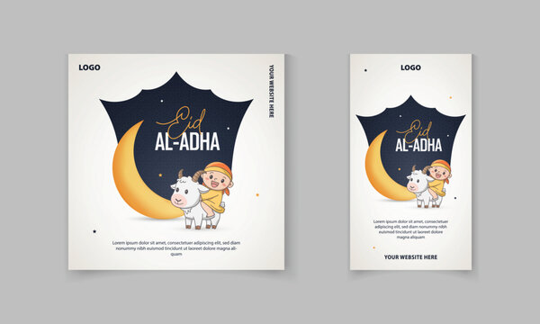 Eid Al Adha mubarak greeting card, social media post banner design with cute sheep, moon, stars