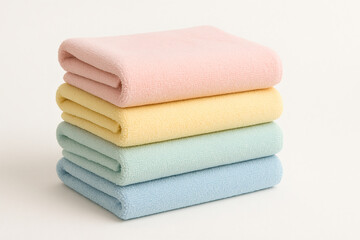 Stack of Pastel Colored Soft Towels on White Background