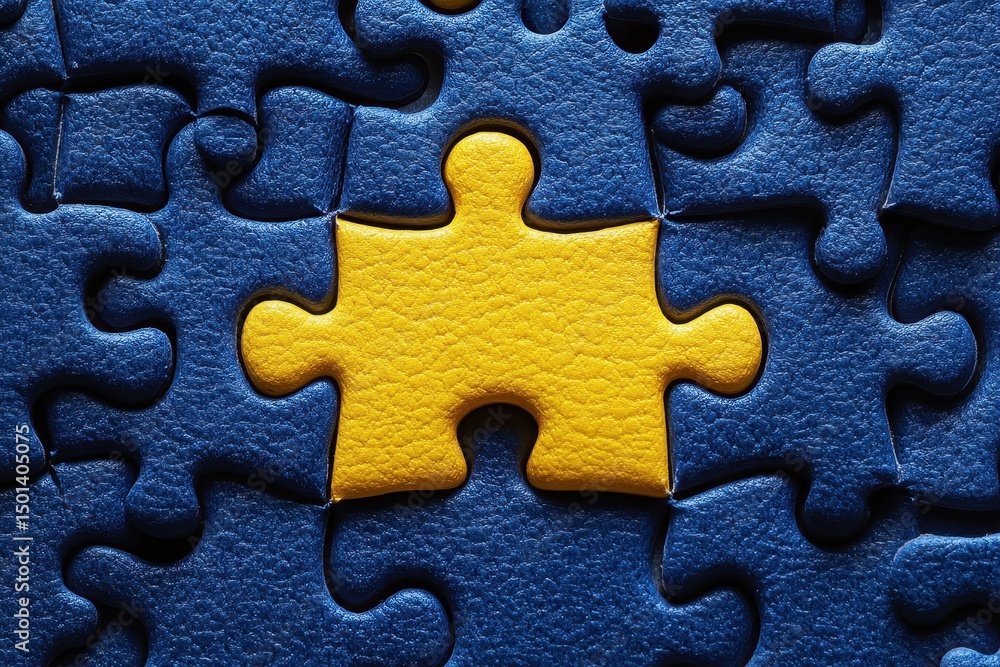 Poster single yellow puzzle piece on blue background capturing the essence of problem solving, strategy, an