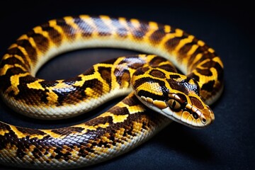 Obraz premium Close-up of a snake's head and body on a dark background