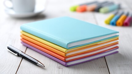 Colorful stacked notebooks with folded corners, pen and highlighter arrangement on wooden table for creative writing and study