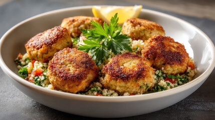 Delicious baked falafel hovering above fresh tabbouleh salad with parsley garnish for culinary inspiration and healthy meal ideas
