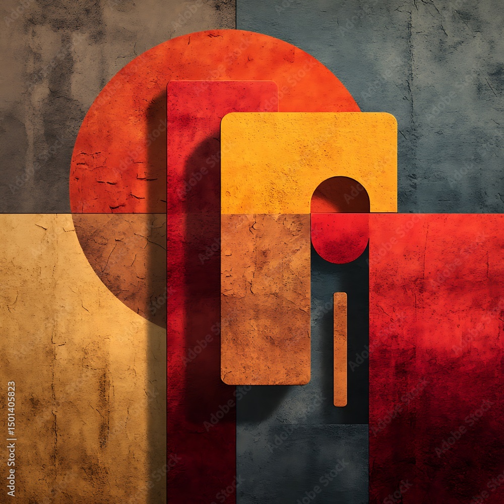 Poster abstract composition: geometric shapes in warm colors with textured background creates an artistic v
