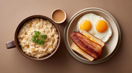 Healthy oatmeal breakfast versus greasy bacon and eggs plate for morning nutrition and meal choice concept