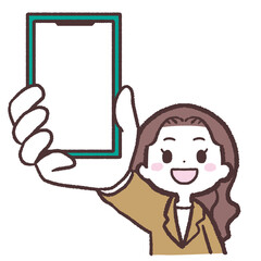 スマホを見せるパーマの女性イラスト