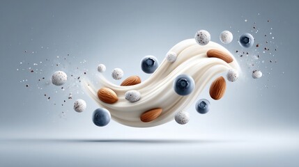 Flying almonds and chia seeds with yogurt swirls and blueberries - healthy breakfast concept for food design and nutrition inspiration