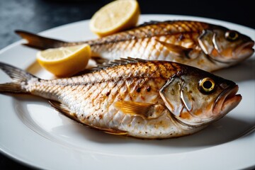 Two fresh fish on a plate with sliced lemons, perfect for a seafood dinner or appetizer