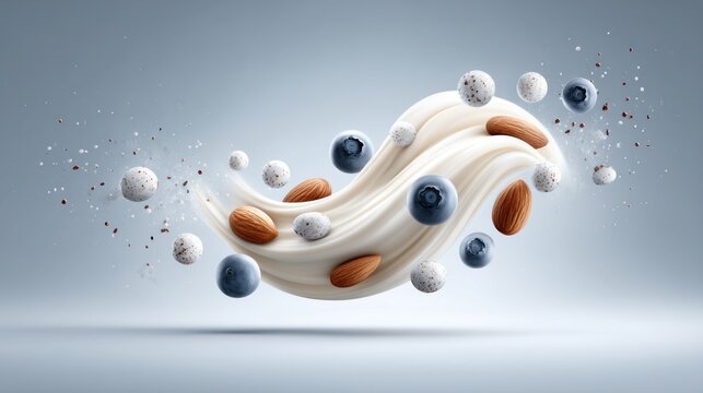 Flying almonds and chia seeds with yogurt swirls and blueberries - healthy breakfast concept for food design and nutrition inspiration