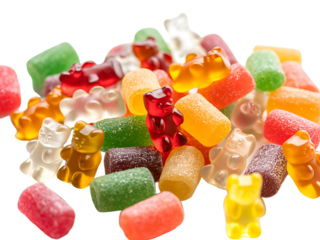 Colorful assortment of delicious gummy bears and candies in a variety of flavors and shapes
